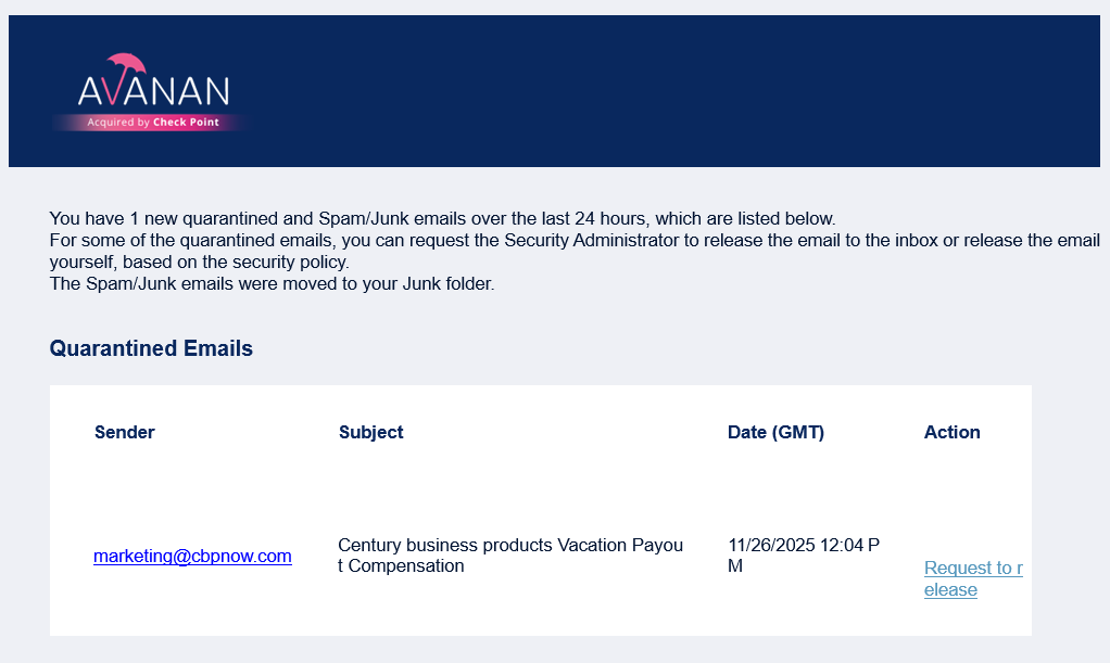 Real image of Catalyst's Quarantine, holding the scam email from the inbox.