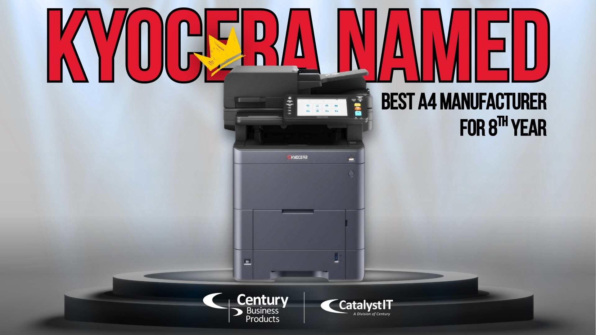 A photo of a Kyocera A4 Device with the words "Kyocera Named Best A4 Manufacturer for 8th Year"