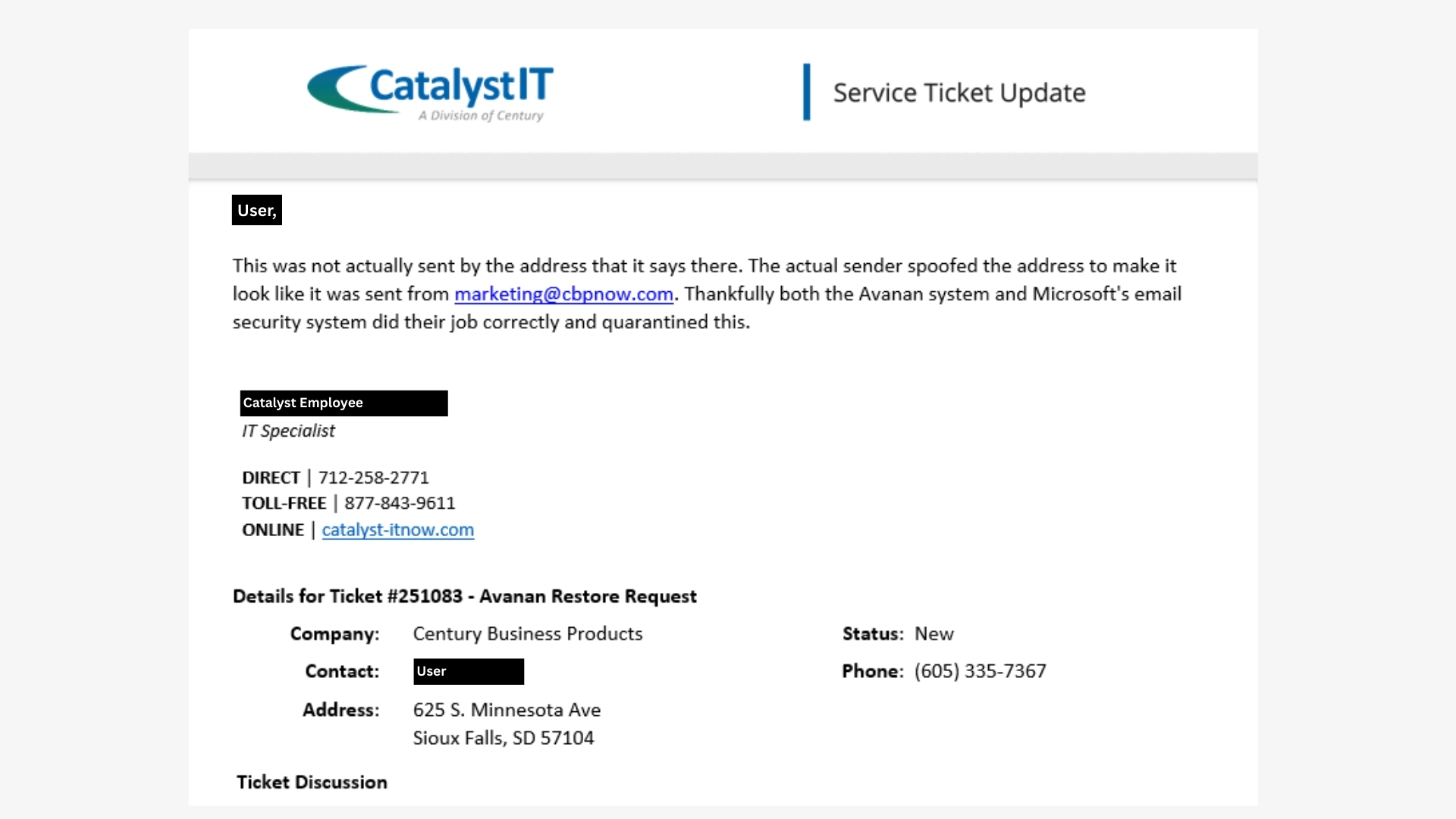 Real image of Catalyst denying request to release the scam email.