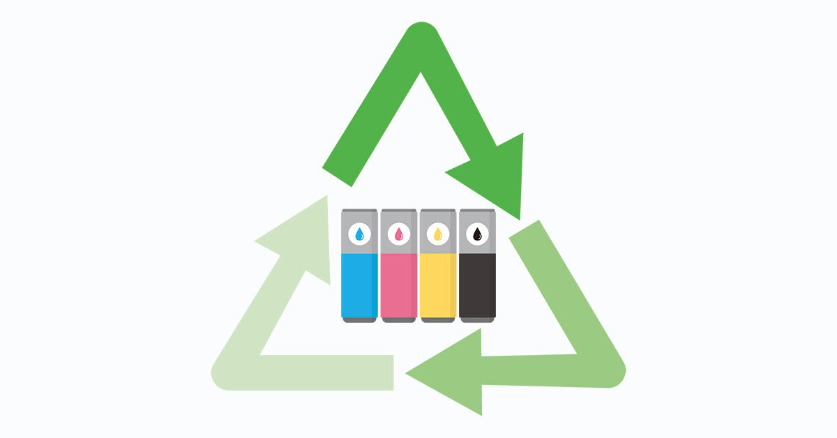 recycling symbol surrounded by CMYK ink cartridges